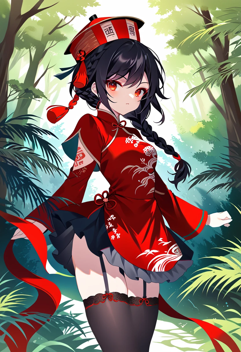 BREAK Perfect Anatomy、(High resolution:1.2)、Incredible illustrations、(Cute illustrations:1.2)、() （Beautiful background(forest)) 1 girl(Black hair, long hair, single braid, red eyes,tattoos, )(young adult woman:2.0)
Long ruffled sleeves, jiangshi cheongsam dress, garter stockings