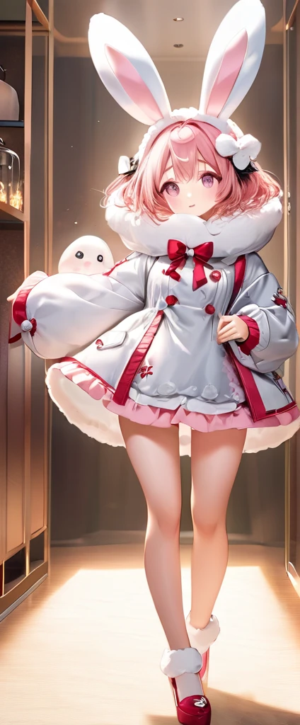 Woman in fluffy rabbit costume，Wearing large bunny ears, Full Body Shot, Wide-angle, cute又充满童真表情, Professional portrait, Superfine 8K, High resolution, Detailed facial features, Detailed clothing, Soft Light, wonderful, Fantasy, Soft colors, cute、Pink Hair、Pink Eyes