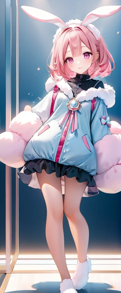 Woman in fluffy rabbit costume,Wearing large bunny ears, Full Body Shot, Wide-angle, cute又充满童真表情, Professional portrait, Superfine 8K, High resolution, Detailed facial features, Detailed clothing, Soft Light, wonderful, Fantasy, Soft colors, cute、Pink Hair、Pink Eyes