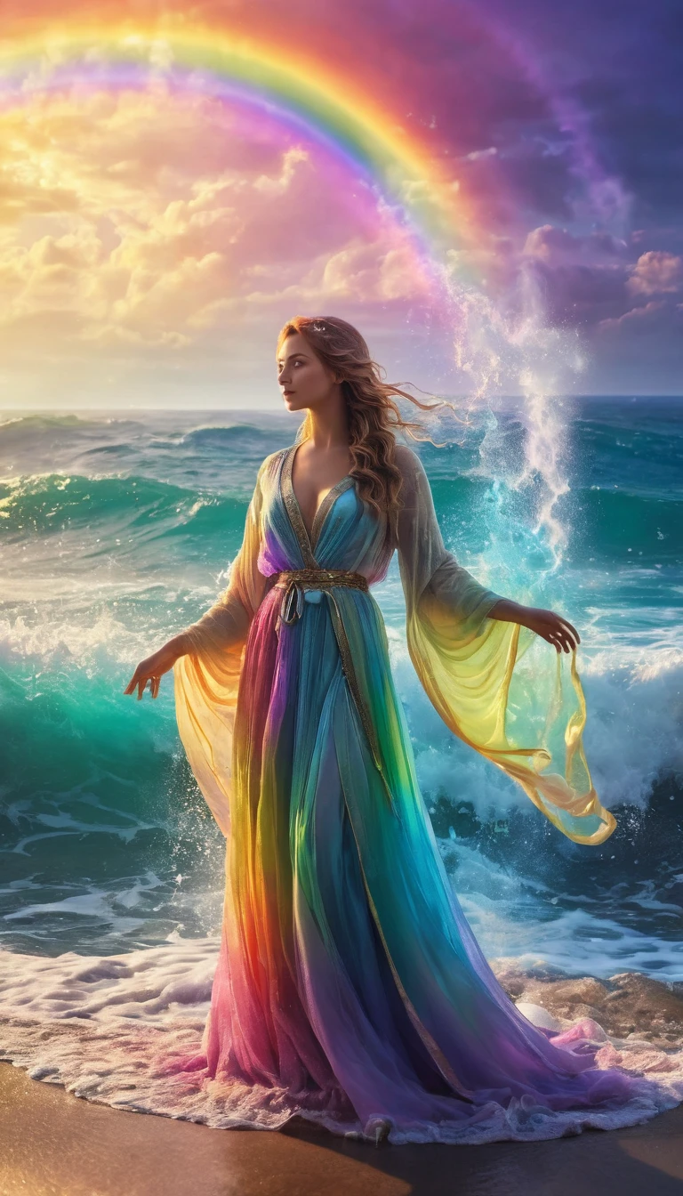 high resolution Mysterious glowing spell casting girl, ((Fantasy Rainbow Ocean)), Vibrant colors, Great light, Detailed speech bubbles, Magical atmosphere, Nice views, Dreamy atmosphere, Sparkling, Roomy robes, The magic touch, Mysterious Creatures, ((Sparkling waves)), Mystical symbols, Surreal beauty, mist, There'Magic in the air, Magical moments,Mysterious atmosphere, Whimsical Creatures, Full of charm, Fairy, Superpower, Fantasy World