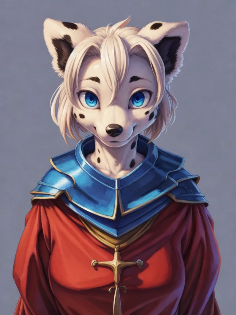 (masterpiece), (best quality),woman ((anthro)),(dog girl),1girl,solo,(sharp focus),((look at viewer)),(Dalmatian),young girl,(knight outfit),perfect eyes, dr comet,pochincoff,Pixelsketcher, (mayosplash), (wamudrawasterpiece),cutesexyrobutts,hioshiru,kingbang,ltfoxvixen,shiny skin,detailed fur,smile,old school fantasy art,((simple background:1.0)),gray background,Droopy ears