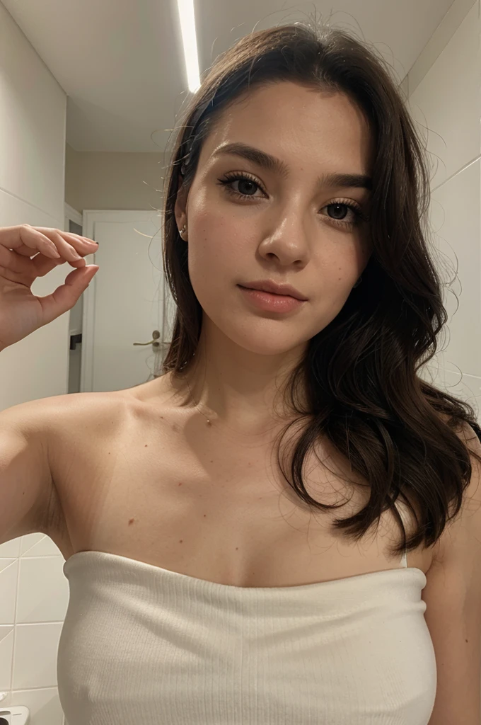 Beautiful realistic, hyperrealistic girl, 30 years, high quality, close-up, White dress, hall, selfie camera, Near angle