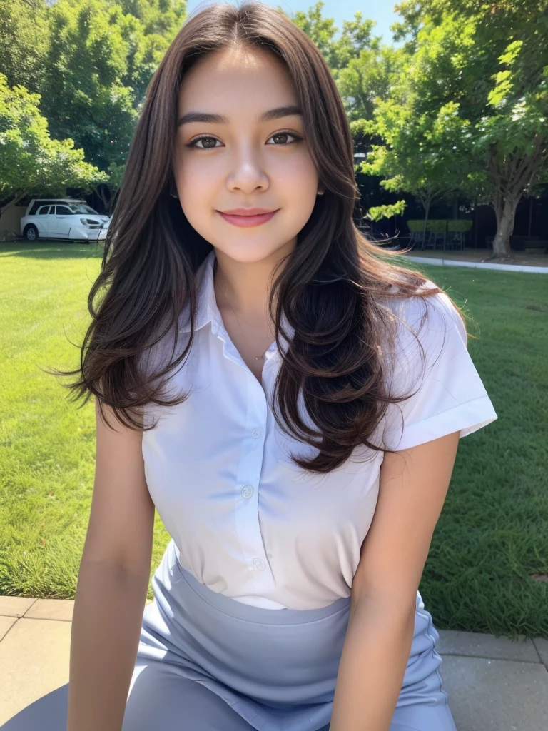 1girl, solo, (uniform), standing, outdoors, face in center frame, scene, detailed face, seductive smile, detailed eyes, thick breasts, smooth skin, tight white shirt, grey blue short skirt, looking at the audience, low angle shot,(8k, RAW photo, best quality, masterpiece: 1.2), (realistic, realistic: 1.37), ultra-high resolution