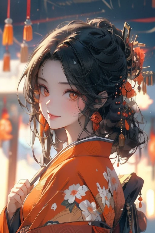 Perfect face. Perfect hands. A black haired woman with orange eyes in a pretty kimono is holding a fan with a big smile