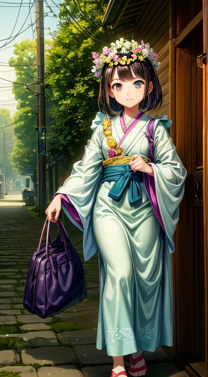 best quality,(masterpiece:1,2),highres,original,perfect lighting,extremely detailed wallpaper,(extremely detailed CG:1.2),Japanese manga style,Studio Ghibli,Hayao Miyazaki style,high saturation,rich details,A girl carrying a bag walking down the street,