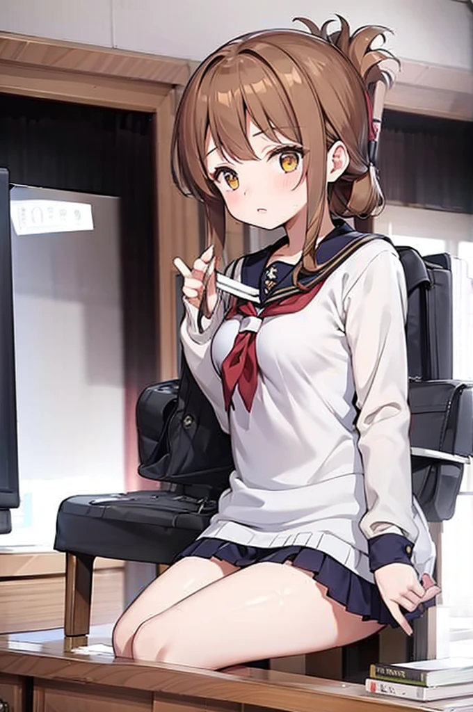 (masterpiece, best quality:1.2),illustration,8k,hd,1girl,solo,upper body,(portrait:1.2),brown_hair,folded_ponytail,brown_eyes,serafuku,long_hair,school_uniform,skirt,pleated_skirt,