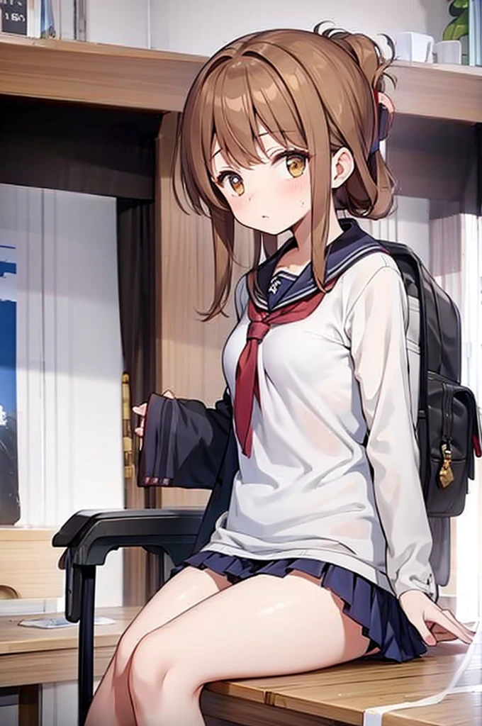 (masterpiece, best quality:1.2),illustration,8k,hd,1girl,solo,upper body,(portrait:1.2),brown_hair,folded_ponytail,brown_eyes,serafuku,long_hair,school_uniform,skirt,pleated_skirt,