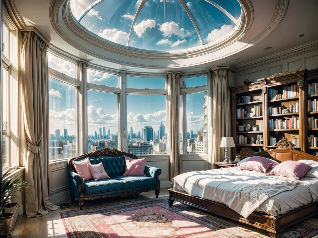 8K ultra high definition pictures real photos，sun sunshine blue sky white clouds，Circular glass house，Glass House，There is a big pink bed in the room，There is a table here，TV，There is a bookcase，curtain，carpet，Terrace，Rooftop，Bookcase Bookshelf Sofa，Large glass windows all around，Overlooking the panoramic view，The most important thing is to have a big bed，Outside the window is the city scenery and tall buildings