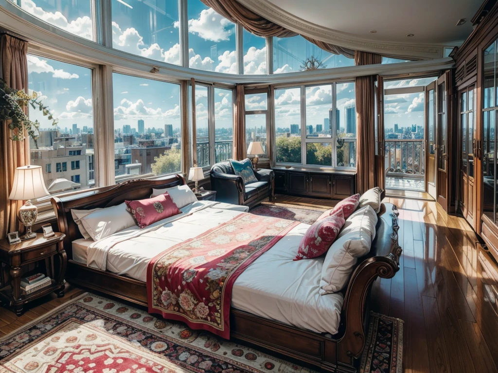 8K ultra high definition pictures real photos,sun sunshine blue sky white clouds,Circular glass house,Glass House,There is a big pink bed in the room,There is a table here,TV,There is a bookcase,curtain,carpet,Terrace,Rooftop,Bookcase Bookshelf Sofa,Large glass windows all around,Overlooking the panoramic view,The most important thing is to have a big bed,Outside the window is the city scenery and tall buildings