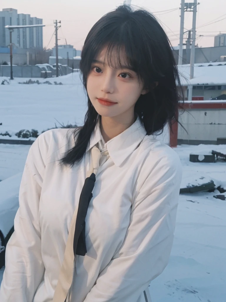 Best quality,masterpiece,Double tail,Ultra-high resolution,snow,16K,Snow background,(Photo Realism:1.4),1 Girl,JK,sexly,(shirt and tie:1.2),(Big breasts:2.3),(Upper body:1.4)