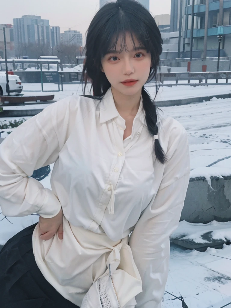 Best quality，masterpiece，Ultra-high resolution，snow，16K,Snow background，（Photo Realism：1.4),1 Girl，JK，Sexy，（Shirt and Tie：1.2),（Big breasts：1.3),（Upper body：1.4)