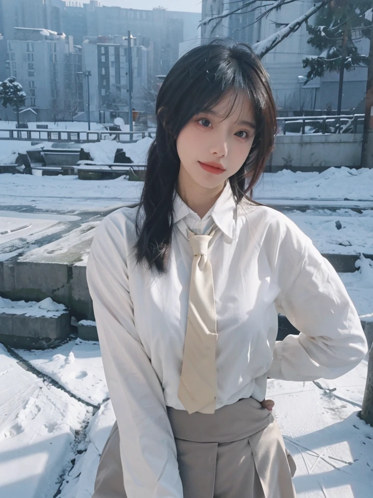 Best quality,masterpiece,Double tail,Ultra-high resolution,snow,16K,Snow background,(Photo Realism:1.4),1 Girl,JK,sexly,(shirt and tie:1.2),(Big breasts:2.3),(Upper body:1.4)