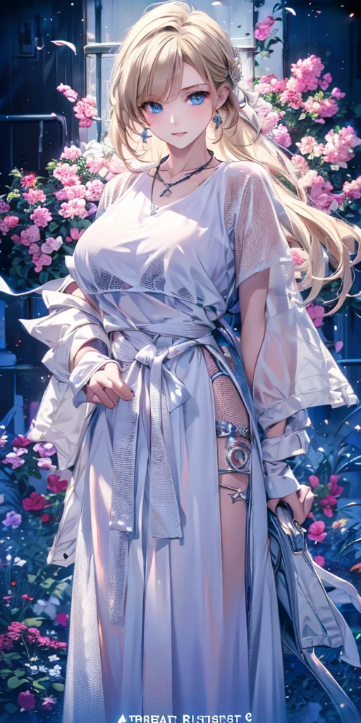 best quality, masterpiece, high resolution, A girl, portrait, actual, blue eyes, Blonde hair, Large Breasts, fashion brand image, Fashionable and casual, Fashion Clothing, necklace, Pretty Face, Perfect breasts, Tyndall effect, octane render, lifelike, Dark Studio, Side light, Two-color lighting, (HD Skin:1.2), 8K Ultra HD, SLR camera, Soft Light, high quality, Volumetric Lighting, frank, photography, high resolution, 4K, 8k, Bokeh, concept art, Art work,