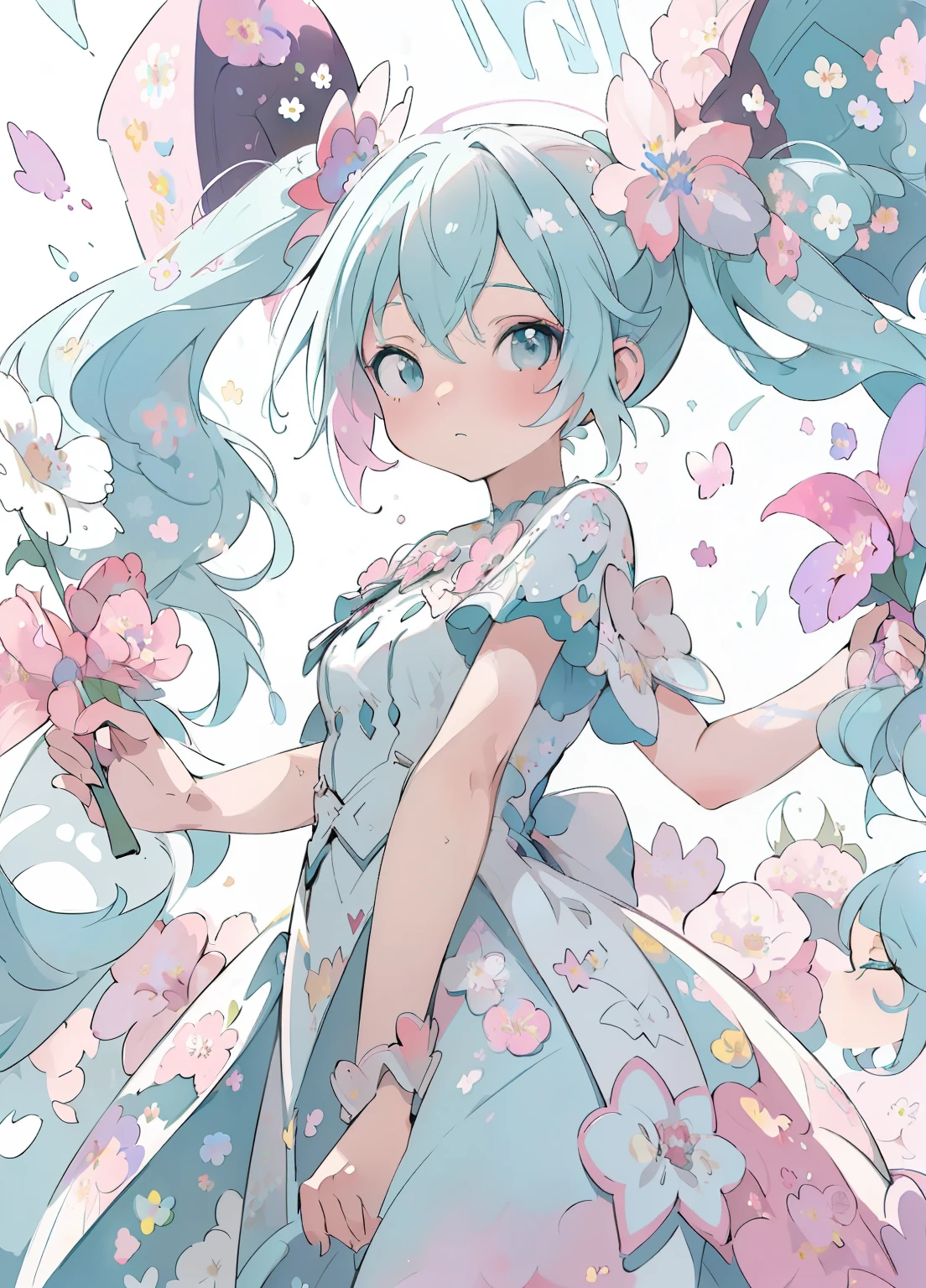 (masterpiece、Highest quality、Highest quality、Official Art、Beautiful and beautiful:1.2)、(One girl:1.3)Hatsune Miku、Twin tails,Beautiful breasts,Black Star Red and White Style、(((stylishなファッション))), 8K quality、Intense watercolor, detailedな水彩アート, Watercolor splash, Surreal, Avant-garde pop art, Beautiful and expressive paintings, Beautiful artwork illustration, Very colorful tones, wonderful, Cool Beauty, Highest quality、Official Art, Vector art, stylish design, (((The most beautiful girl))), (((Highest quality))), High resolution, ((detailed)), (((Doodle Art)), ((masterpiece)), ((Super detailed)), (((Colorful flowers))),(((stylish)))