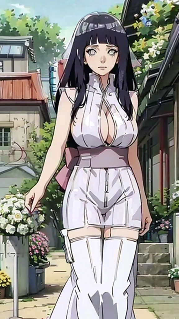 Hinata hyuga with huge breasts wearing a bridal micro bra and a wedding dress with a huge neckline, veil and bouquet in the courtyard of a Japanese temple 