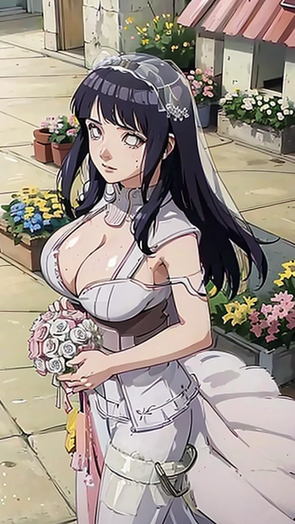 Hinata hyuga with huge breasts wearing a bridal micro bra and a wedding dress with a huge neckline, veil and bouquet in the courtyard of a Japanese temple 