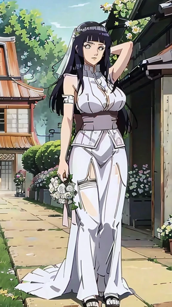 Hinata hyuga with huge breasts wearing a bridal micro bra and a wedding dress with a huge neckline, veil and bouquet in the courtyard of a Japanese temple