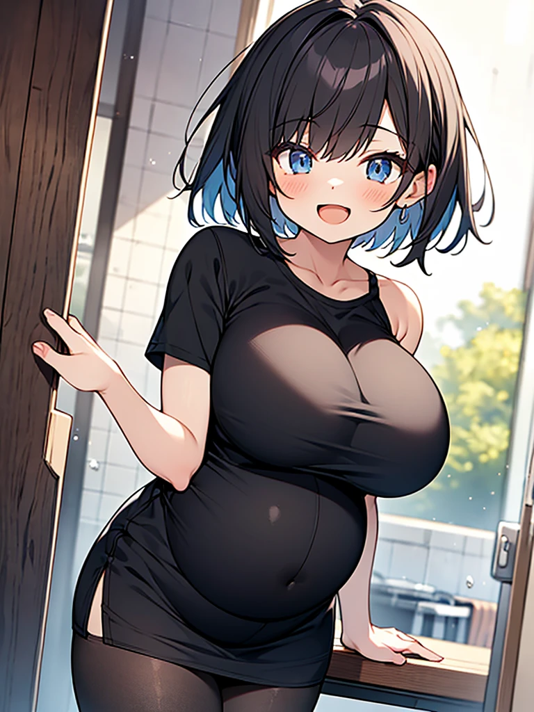 anime gravure,hyper cute yo sporty girl,
black hair,short hair,(huge breasts),
black camisole,black micro miniskirt,black pantyhose,
open mouth smile,(great thigh),pregnant,happy,