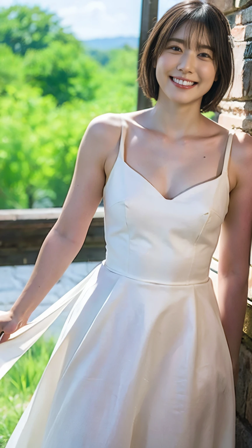 (8k、RAW Photos、Highest quality、masterpiece:1.2)、(Realistic、Realistic)、1 girl、((Wedding dress、Chapel、Short Bob、View from the front、smile、Look at the camera and smile、stand))、cute、Small breasts