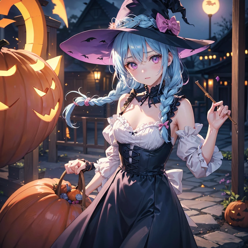 (Light blue medium hair),(Braided hair:1.2)、Pink eyes、Fair skin、cowboy shot、Halloween、The background is a pumpkin ghost、Crescent Moon、Trick or Treat、A lot of sweets、witch、Halloween night、Candy、many bat、Condescending expression、solo、(masterpiece、Highest quality、Very detailed、Best Shadow)、(Detailed Background)、(Beautifully detailed face)、High contrast、(Best lighting、Very delicate and beautiful)、(Cinematic Light)、colorful、Hyper Detail、Dramatic Light、Exquisite detail、