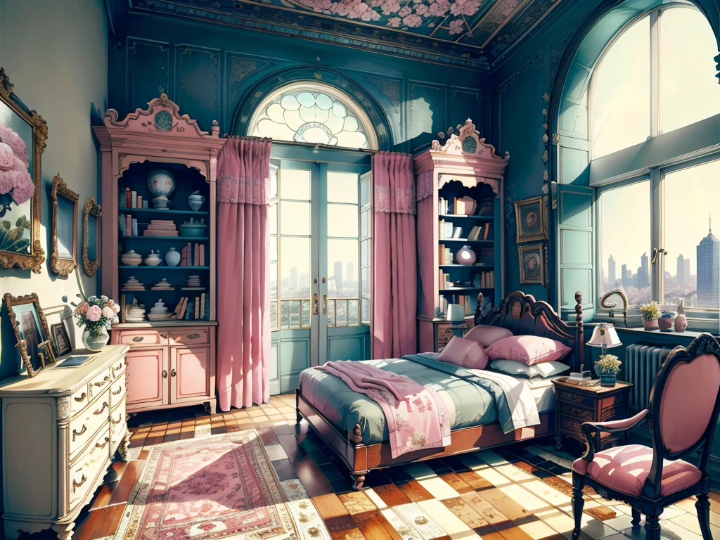 8K picture quality，best quality，masterpiece，HD，Super rich detail，detailed，Cosy bedroom，Big windows，Floor-to-ceiling windows，Big bed，notebook，There is a cabinet next to it，There are chairs，There are flowers，There is a wardrobe，Bookcase bookshelf many books，There is a sofa，There is a table and chairs，There are a lot of books，There was a full queen size bed，The body is very comfortable，extremely clean，Very informative，Big windows，The view from the window is the city's high-rise buildings，超HD逼真，Pink，