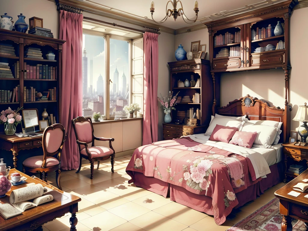 8K picture quality，best quality，masterpiece，HD，Super rich detail，detailed，Cosy bedroom，Big windows，Floor-to-ceiling windows，Big bed，notebook，There is a cabinet next to it，There are chairs，There are flowers，There is a wardrobe，Bookcase bookshelf many books，There is a sofa，There is a table and chairs，There are a lot of books，There was a full queen size bed，The body is very comfortable，extremely clean，Very informative，Big windows，The view from the window is the city's high-rise buildings，超HD逼真，Pink，