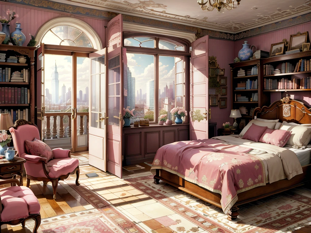 8K picture quality，best quality，masterpiece，HD，Super rich detail，detailed，Cosy bedroom，Big windows，Floor-to-ceiling windows，Big bed，notebook，There is a cabinet next to it，There are chairs，There are flowers，There is a wardrobe，Bookcase bookshelf many books，There is a sofa，There is a table and chairs，There are a lot of books，There was a full queen size bed，The body is very comfortable，extremely clean，Very informative，Big windows，The view from the window is the city's high-rise buildings，超HD逼真，Pink，