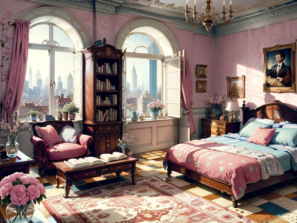 8K picture quality，best quality，masterpiece，HD，Super rich detail，detailed，Cosy bedroom，Big windows，Floor-to-ceiling windows，Big bed，notebook，There is a cabinet next to it，There are chairs，There are flowers，There is a wardrobe，Bookcase bookshelf many books，There is a sofa，There is a table and chairs，There are a lot of books，There was a full queen size bed，The body is very comfortable，extremely clean，Very informative，Big windows，The view from the window is the city's high-rise buildings，超HD逼真，Pink，