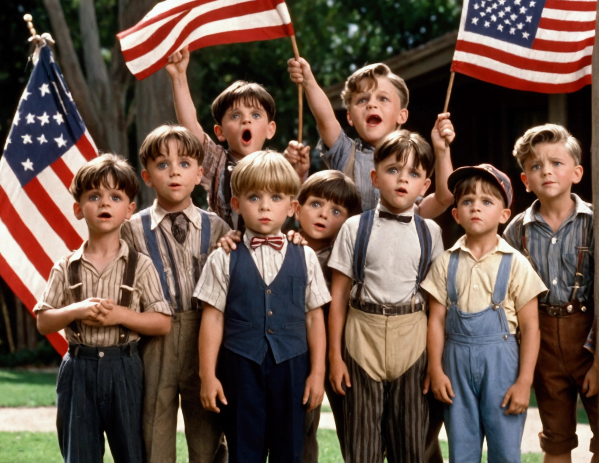 Classic TV, the little rascals, playfully hold up a MAGA banner, An american flag in the background