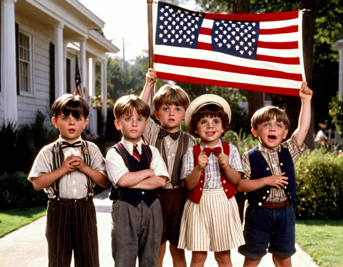 Classic TV, the little rascals, playfully hold up a MAGA banner, An american flag in the background