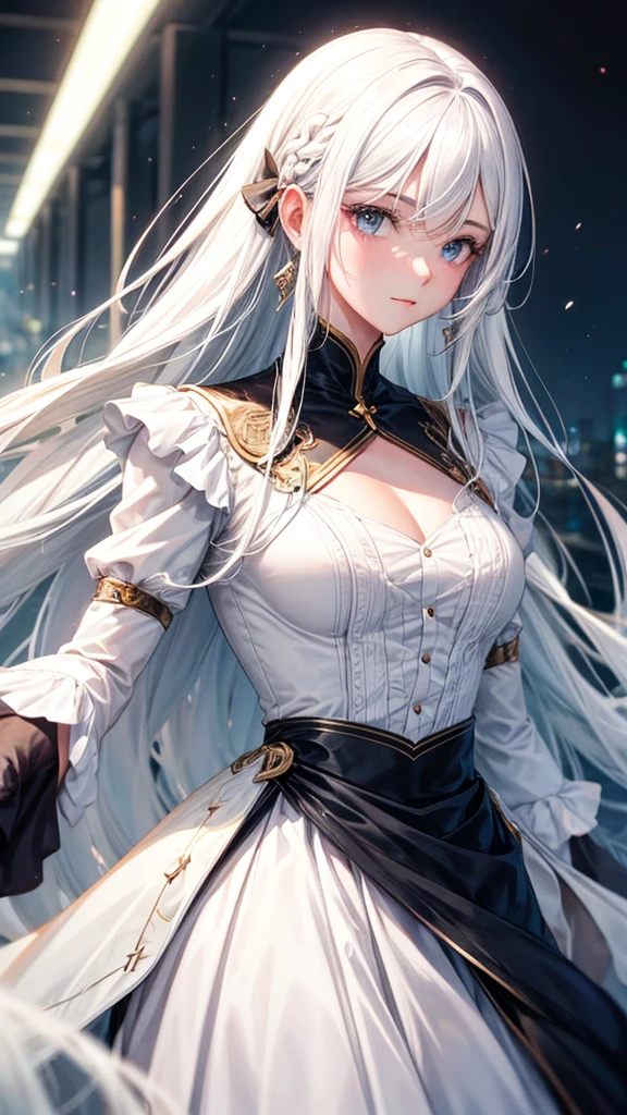 Woman1,round face,blue eyes,white hair,double bun hairstyle,Legendary Hero, Legendary Witch, Crystal Decorative White Mini Dress, Top Sleeved Dress, Big White Crystal Hold Her Hand,Very details CG, module, 8K wallpapers, top quality, high precision, beautiful lighting, realistic shade, high precision, detailed skin, very detailed, faces and detailed eyes, realistic eyes, cowboy shot