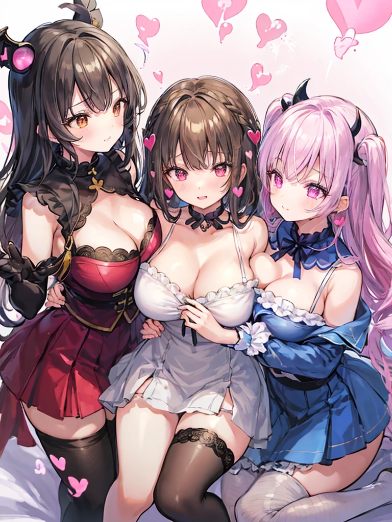 best quality, super fine, 16k, extremely detailed, delicate and dynamic, (3 women and 1 boy:1.4), cute woman,boy, baby face,black hair, pink eyes, A detailed eye, source_anime, high detail, hair ornament,smile, Young features, looking at viewer, (white background:1.3)fluffy hair, Elementary school girls,hair clips, Black Stockings,standing, underwear,age girl, belly button, skirt,beautiful illustrations, highest quality, pretty girl,beautiful girl, clear face, pastel colour ,blonde hair, smile, blush, にこやかなsmile, thighs,perfect hands, five fingereet,Three Succubi (symmetrical succubus wings), (triplets:1.2), (ribbon:1.1), tie, Bree, earrings, Suspicious face, alicious smile, Bruises and ugly facial features, young features, fluffy hair, (Open your mouth and laugh), Chiquita, Colossal tits, (Put your hands on your face), Ruffled uniforms, hair clips, (Ridicule:1.1), looking-down, Angle from behind, respected by women, (upward looking gaze:1.2), (hearts symbol:1.5), (lump of heart:1.5), (heart effect:1.5), (heart mark:1.5), demon tail, Devil's Taiuccubus, (super Colossal tits:1.3), (heart tattoo:1.3), Yodare, Devil's Tail, Chest Alignment, Girl Sandwich face sandwich (confused and blushing,kawaii facepose your ahegao), hug each other, catch them, そしてサンドイッチを作ってサンドイッチにhug each otherポーズ, (burying boy's face in cleavage:1.3), sandwich from front and back, Sullen expression 4p, boy looking away