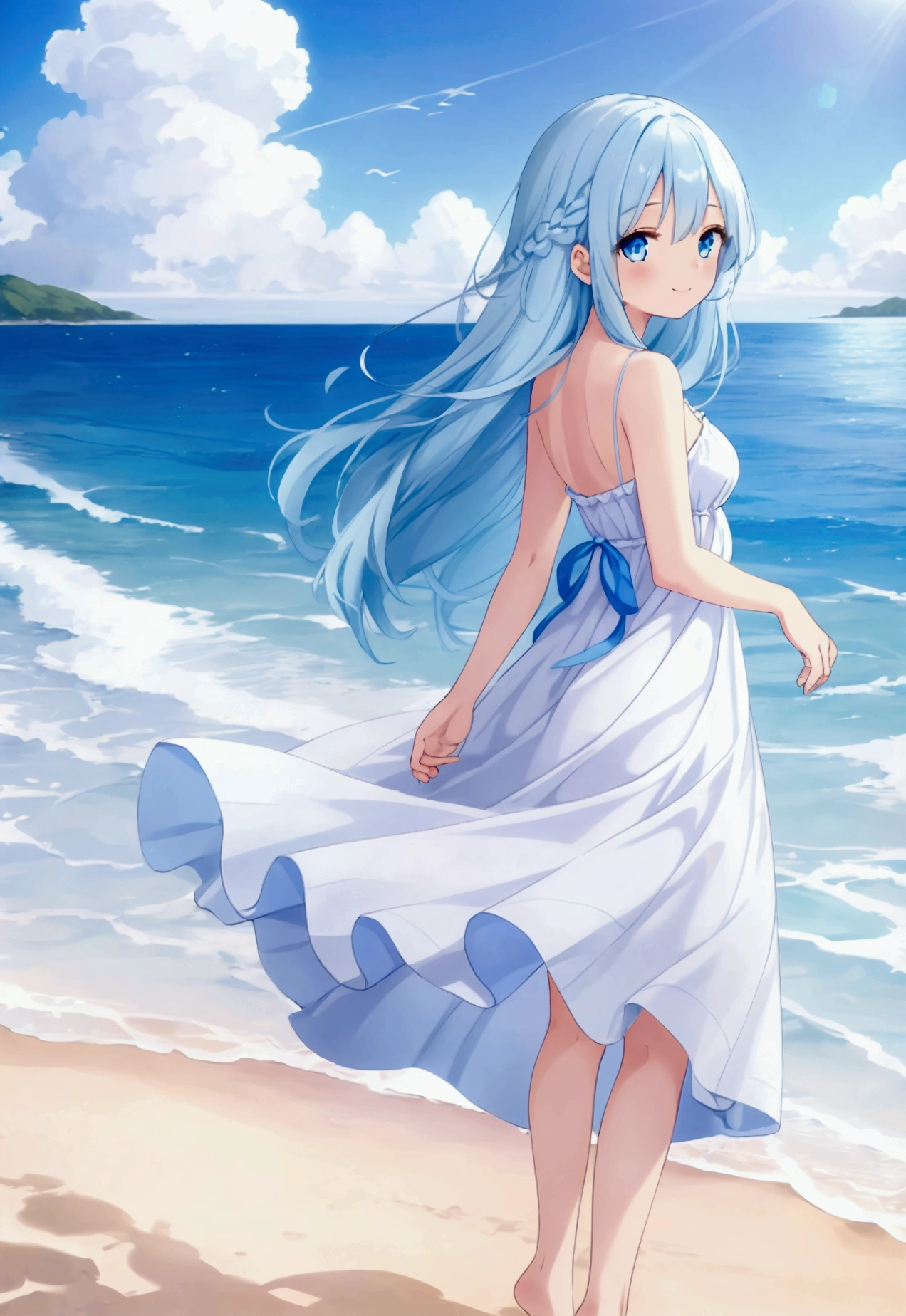 girl, long light blue hair, wearing a blue and white beach dress, gentle smile, blue eyes, standing on a beach, sunshine, bright sky, her hands behind her back, her hair and dress being blown gently by the wind
