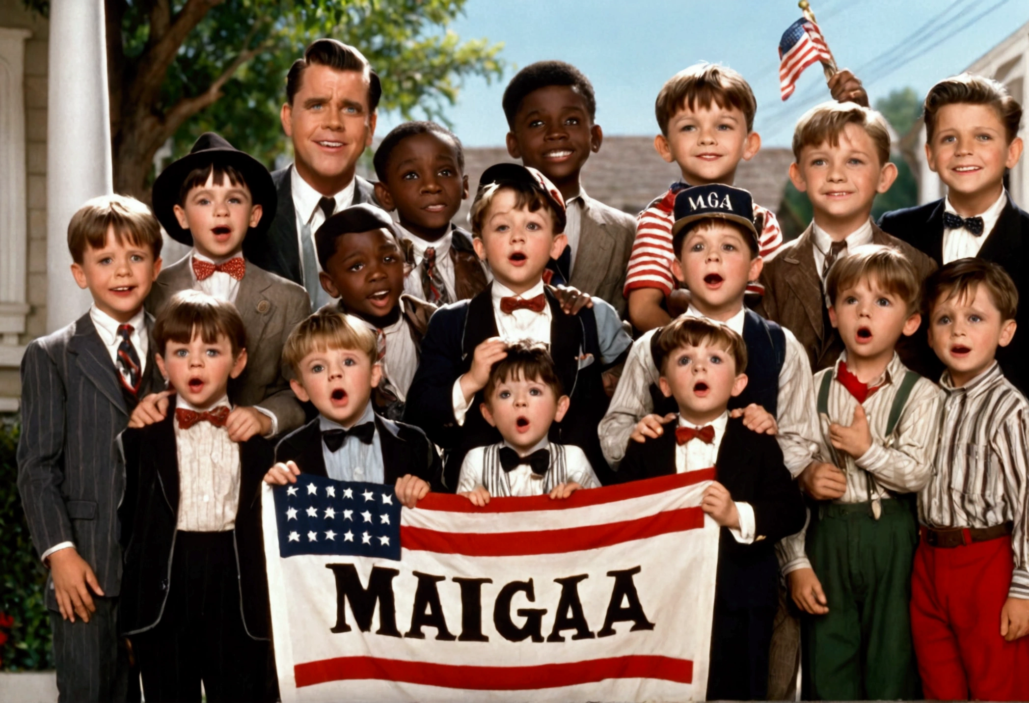 Classic TV, the little rascals, playfully hold up a MAGA banner, An american flag in the background