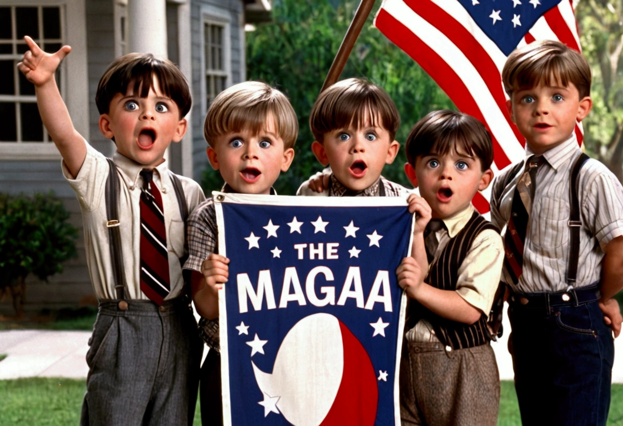 Classic TV, the little rascals, playfully hold up a MAGA banner, An american flag in the background
