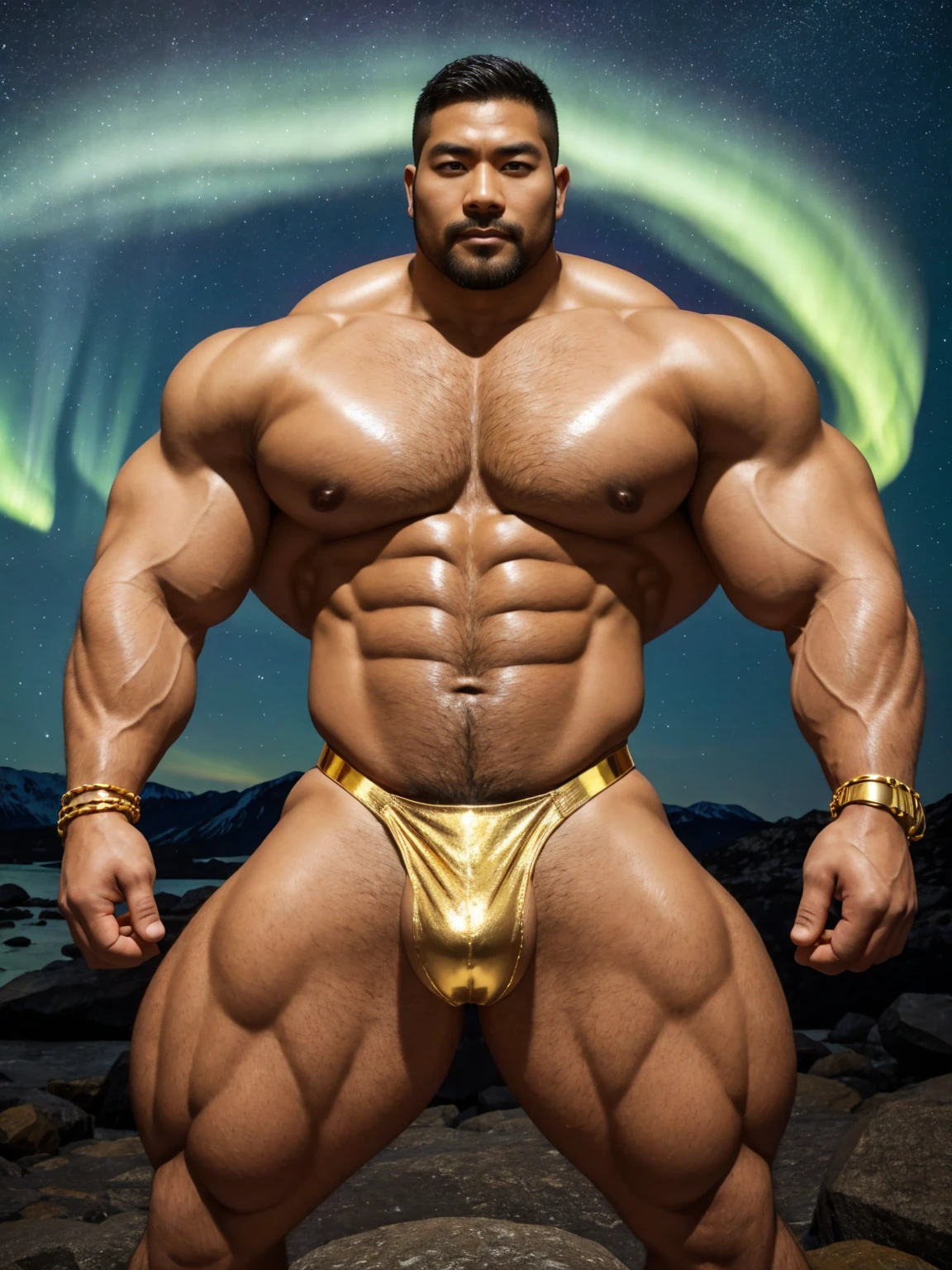 There is only one handsome Chinese man in the photo,35 years old,tall, Fitness,Smooth body,Smooth skin,No chest hair,short hair, O-Shaped Beard,Perfect body, Dark skin color,Radiant Skin,Smooth skin,Shiny, shiny skin,Smooth pectoral muscles,Muscle bulge, muscular, Very large pectoral muscles,Very sexy abdominal muscles,Very well-developed leg muscles,Huge concave and convex area,Brightens oily skin,Wearing a shiny gold leather thong,Handsome face,Normal human toes,Correct and accurate male body proportions,Gold Collar,Gold bracelet,Gold anklets,Stand on a glacier,Night sky,A sky full of stars,There are auroras,Colorful,Charming dream scene,Epic。