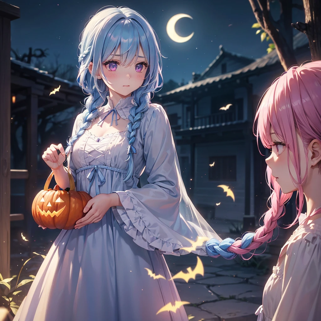 (Light blue medium hair),(Braided hair:1.2)、Pink eyes、Fair skin、cowboy shot、Halloween、The background is a pumpkin ghost、Crescent Moon、Trick or Treat、A lot of sweets、witch、Halloween night、Candy、many bat、Condescending expression、solo、(masterpiece、Highest quality、Very detailed、Best Shadow)、(Detailed Background)、(Beautifully detailed face)、High contrast、(Best lighting、Very delicate and beautiful)、(Cinematic Light)、colorful、Hyper Detail、Dramatic Light、Exquisite detail、