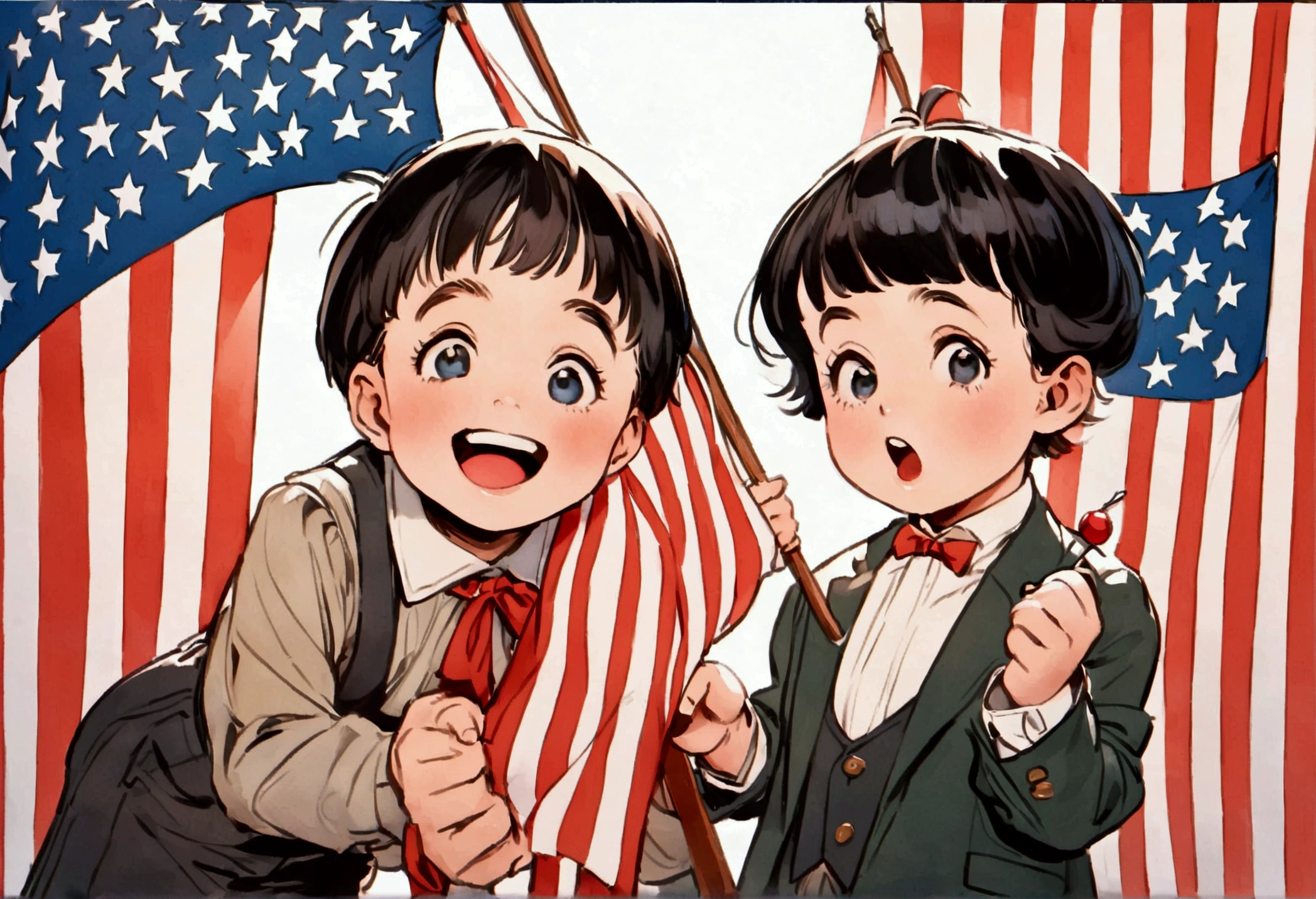 Classic TV, the little rascals, playfully hold up a MAGA banner, An american flag in the background
