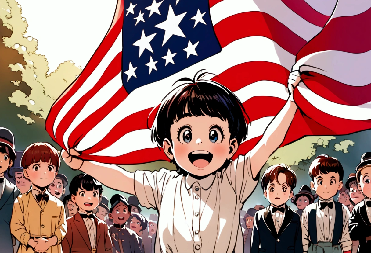 Classic TV, the little rascals, playfully hold up a MAGA banner, An american flag in the background