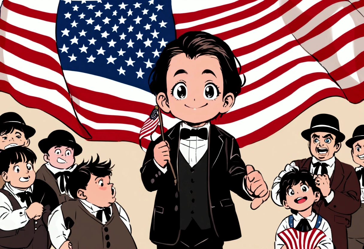 Classic TV, the little rascals, playfully hold up a MAGA banner, An american flag in the background