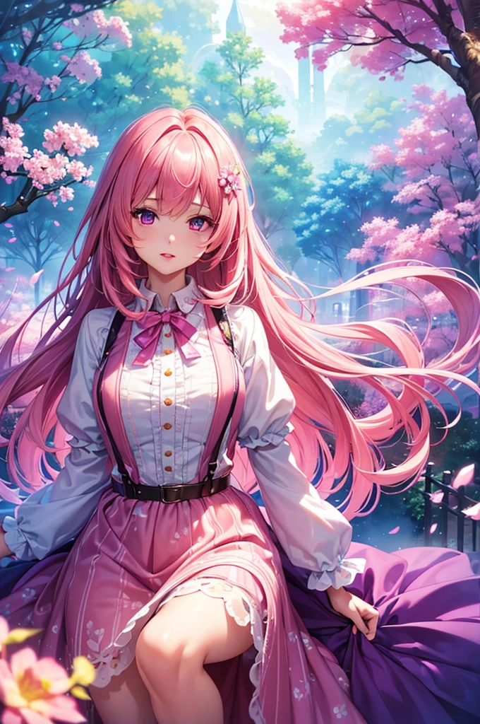 (best quality at best, 8K, a high resolution, masterpiece:1.2), digital artwork, one girl, detailed face, detailed eyes, pink hair, long straight hair, glowing purple eyes, red lips, suspenders, fantasy landscape, vibrant colors, soft lighting, whimsical atmosphere, blooming flowers, flowing dress, delicate details, ethereal background, dreamy aura