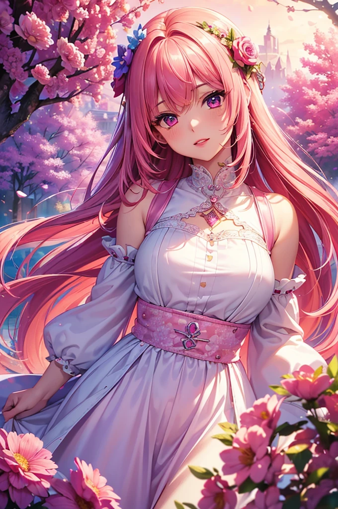 (best quality at best, 8K, a high resolution, masterpiece:1.2), digital artwork, one girl, detailed face, detailed eyes, pink hair, long straight hair, glowing purple eyes, red lips, suspenders, fantasy landscape, vibrant colors, soft lighting, whimsical atmosphere, blooming flowers, flowing dress, delicate details, ethereal background, dreamy aura