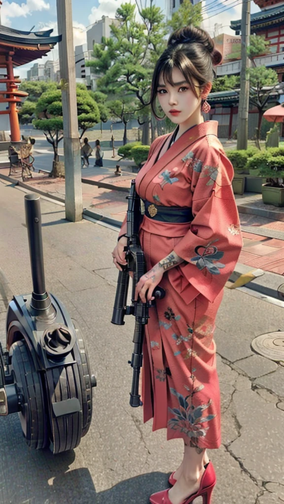 Beautiful Chinese woman, (16 years old), pretty face, red lips, white moisturized skin,
BREAK,
Athletic feminine body, Female fitness model body, Hard-toned feminine body, (muscles: 1.2), (beautiful belly button),
BREAK,
Martial arts, Kung fu, Idol,
BREAK,
(wearing cute kimono: 1.3), (red high heels 1.3), necklace, very large earrings, short length,
BREAK,
Short hair, (short bob hair), (bangs: 1.2), (pink hair), (wavy hair),
BREAK,
(holding a very large machine gun in her hand, finger on the trigger of a machine gun, standing with a very large machine gun, raising a very large machine gun: 1.4), (getting into a fighting position),
BREAK,
(large tattoo, 80% of her body covered in Japanese tattoos: 1.4),
BREAK,
Masterpiece, perfect lighting, ultra-high resolution, 8K, (Very detailed: 1.4), (front view), looking at camera, melancholic expression,
BREAK,
(Tokyo city, lots of people in background), Japanese city background,
