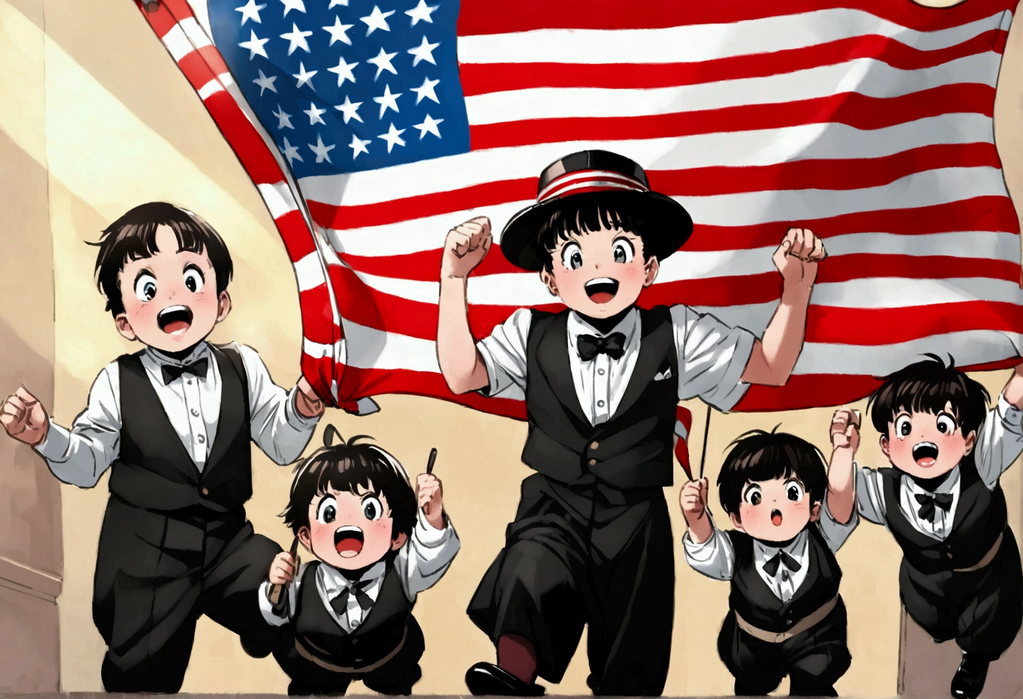 Classic TV, the little rascals, playfully hold up a MAGA banner, An american flag in the background
