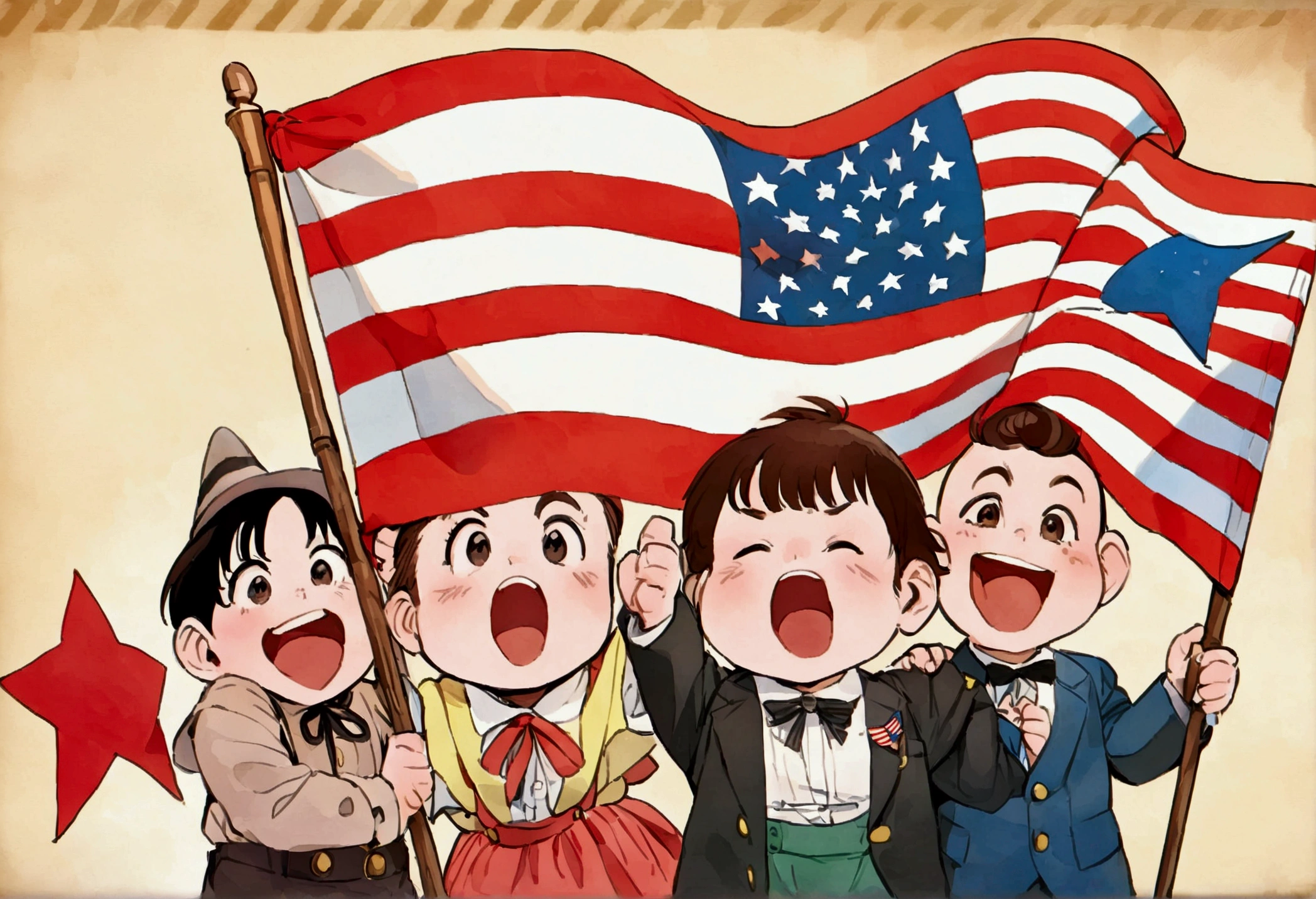 Classic TV, the little rascals, playfully hold up a MAGA banner, An american flag in the background
