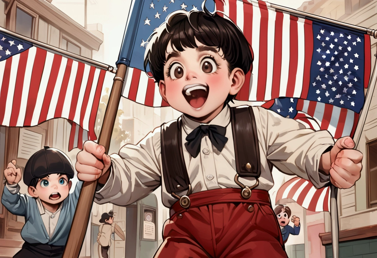 Classic TV, the little rascals, playfully hold up a MAGA banner, An american flag in the background