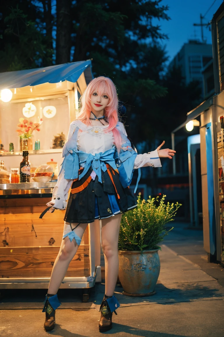 best quality, tmasterpiece,Ultra-high resolution,Clear face,（Reality：1.4），ferpect lighting，(standing body:1.5), (photorealistic:1.50), anime wallpaper, Guviz style artwork, cover-up fantasy up to magic , by Yang J, Guviz, beautiful artwork illustration, beautiful digital artwork, beautiful digital illustration, Li Song, beautiful anime portrait, art style in Beauvot, march_7th, (march_7th_festival_outfit:1.4), 1girl, 独奏, pink hair, (street, cute, food stall, street food, blush, happy:1.2), light particles, light rays, sidelighting, fate \(series\), genshin impact,cloud, illustration, cake, artgerm, garden, trees, flowers, grass, stands, Night sky,