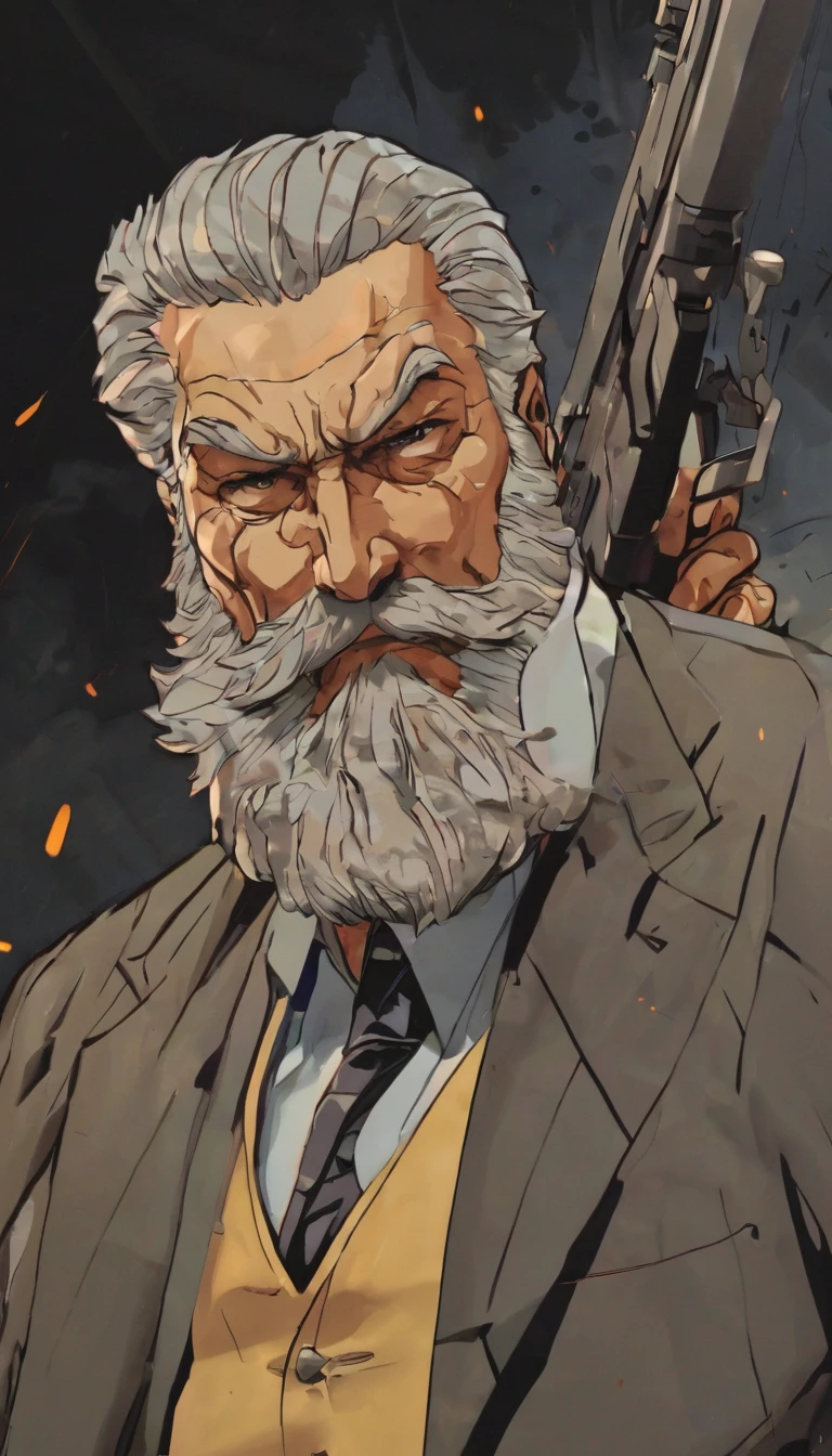 A mafia boss called ((((Azok)))) ,old, strong, bearded, grey suit, detailed face, gray hair and beard, intense gaze, commanding presence, wise expression, wrinkled skin, textured aging, confident posture, firm stance ((cartoon)) is shooting a rifle and screaming