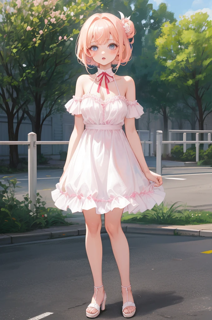 extremely cute beautiful busty girl, with extremely fair shiny skin, pink blushes, big blue eyes, pink lips, long blonde bang hair, plain expression, wearing a short revealing white floral dress, age 20, heels, red ribbon on hair, face close up, empty road in background, day time.
