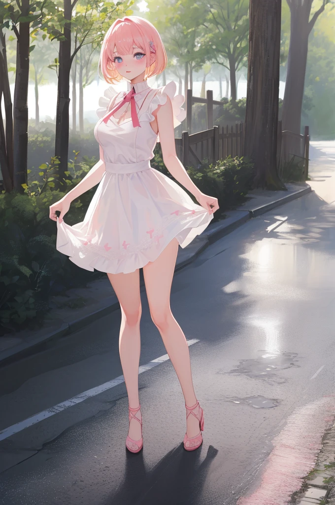 extremely cute beautiful busty girl, with extremely fair shiny skin, pink blushes, big blue eyes, pink lips, long blonde bang hair, plain expression, wearing a short revealing white floral dress, age 20, heels, red ribbon on hair, face close up, empty road in background, day time.
